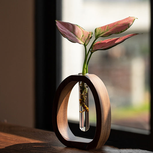 Exquisite Walnut Wood & Glass Floral Vase